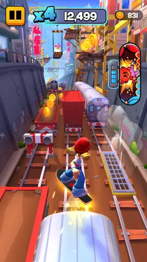 Running down the rails through a city district with a red-and-blue skateboard
