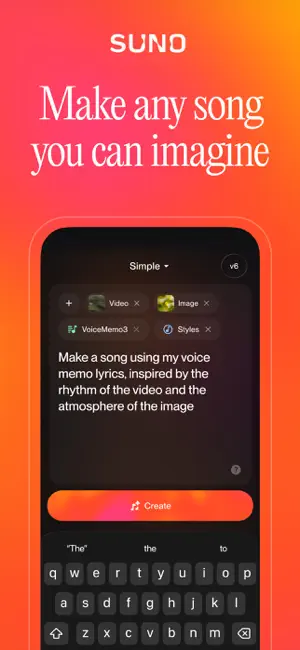 Simple mode prompt box holding video, image, voice memo and styles chips, with a v6 badge and an orange Create button above the keyboard