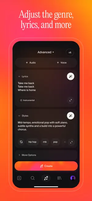 Advanced mode with Audio and Voice buttons, a three-line lyrics box, a styles box and genre chips such as hip hop, rnb and pop