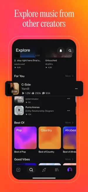 Explore tab with a For You list showing play counts, likes and comments, and genre tiles named Best of Pop and Best of Country