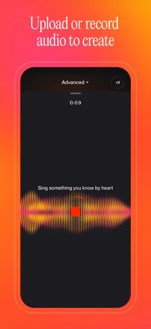 Recording screen with an orange waveform, a 0:09 timer and the prompt to sing something you know by heart