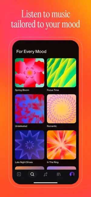 Search tab titled For Every Mood, a grid of colourful abstract covers named Spring Bloom, Focus Time, Romantic and Late Night Drives