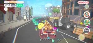 The truck weaving through a city street past a tram