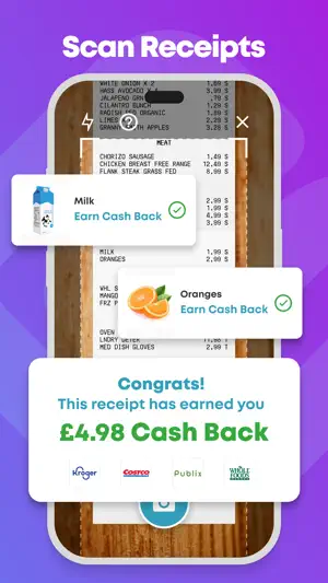 Receipt scanning screen crediting cash back for grocery items