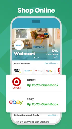 Shopping tab with cash-back rates for Walmart, Target and eBay