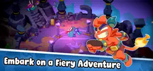 A fire-haired hero charging through a purple cave, captioned embark on a fiery adventure