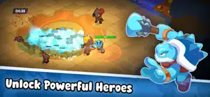 A blue hammer hero beside a top-down fight with an ice blast, captioned unlock powerful heroes