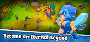 Four heroes battling a horde in a golden field, captioned become an eternal legend