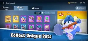 The backpack's pets tab with a grid of creatures beside a blue shark-like pet, captioned collect unique pets