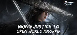A swordswoman in a conical hat drawing her blade, captioned bring justice to open world MMORPG