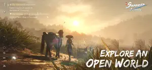 A rider on horseback among villagers at sunset, captioned explore an open world