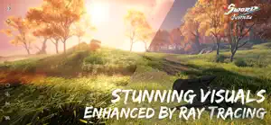 A sunlit hilltop with autumn trees and a distant glass tower, captioned stunning visuals enhanced by ray tracing