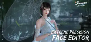 A dark-haired character in white holding a parasol in a rain-swept garden, captioned extreme precision face editor