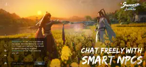 Two characters talking in a field of yellow flowers with a chat box, captioned chat freely with smart NPCs