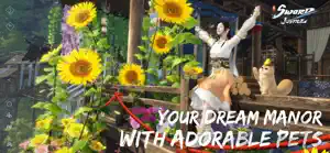 A manor garden of sunflowers with a character and a white pet, captioned your dream manor with adorable pets