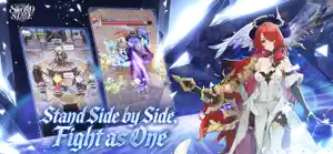 A boss battle party screen beside a red-haired warrior — Stand Side by Side, Fight as One