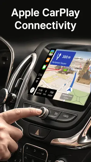 Sygic on an Apple CarPlay dashboard screen with a 3D map of London, a 300 m turn at Parliament Square and a 1:19 arrival time