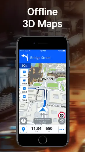 Sygic offline 3D map of Westminster with a left turn onto Bridge Street in 90 m, parking, fuel, food and hotel distances, and a 50 speed-limit sign