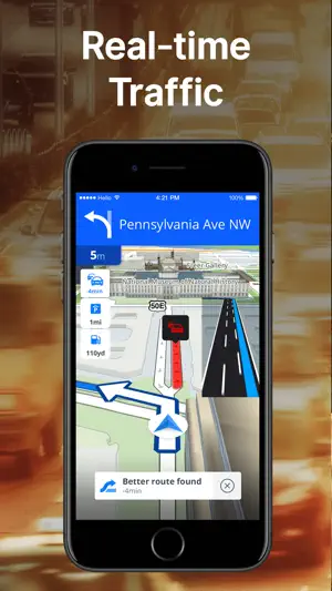 Sygic real-time traffic view on Pennsylvania Ave NW with a red jam ahead, a lane diagram and a Better route found banner saving 4 minutes