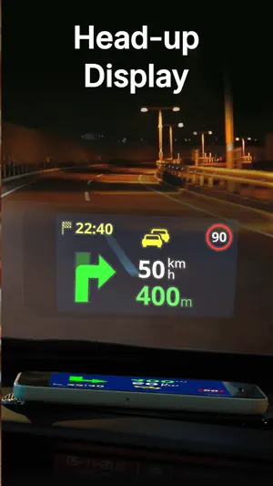 Sygic Head-up Display reflected on a night windshield with a green right-turn arrow, 400 m to go, 50 km/h current speed and a 90 limit