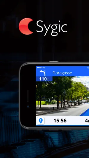 Sygic logo above a phone in landscape showing Real View camera navigation with a left turn onto Floragasse in 110 m