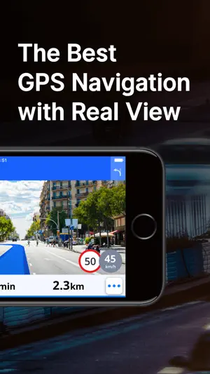 Sygic Real View augmented-reality navigation over a city street with a blue route overlay, a 50 speed-limit sign and 45 km/h current speed