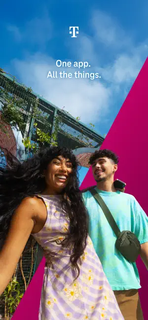 T-Life opening screen with the T-Mobile logo and the line One app. All the things. above two smiling people and a magenta stripe