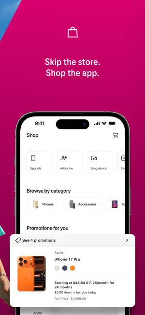 Shop tab with Upgrade, Add a line and Bring device buttons, phone and accessory categories, and an iPhone 17 Pro promotion from $11.25 a month for 24 months