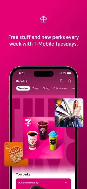 Benefits screen on the Tuesdays tab with Travel, Dining and Entertainment filters, 7-Eleven drink and Shell fuel perks, and a Your perks card showing 1K redeemed today