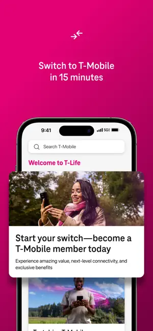 Welcome to T-Life home screen with a Search T-Mobile bar and a Start your switch card inviting people to become T-Mobile members