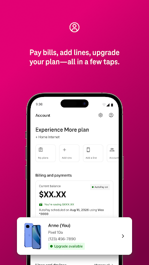 Account screen for an Experience More plan with Add-ons and Add a line buttons, a Billing and payments card with AutoPay on and a Pixel 10a marked Upgrade available