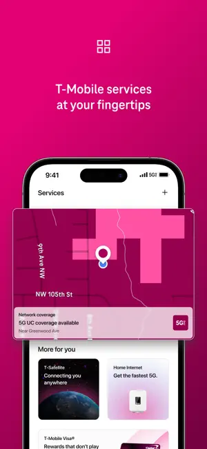 Services screen with a 5G UC coverage map near Greenwood Ave and More for you cards for T-Satellite, Home Internet and the T-Mobile Visa