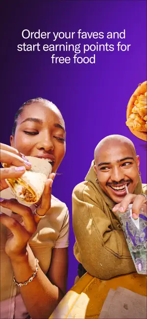Purple promo screen with two diners eating a burrito and sipping a drink under a line about ordering favorites and earning points