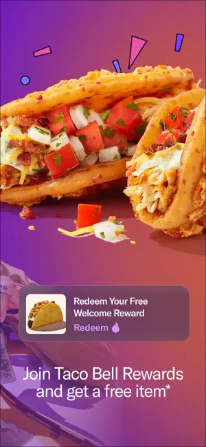 Two crispy tacos topped with diced tomatoes above a Redeem Your Free Welcome Reward card and a Join Taco Bell Rewards banner
