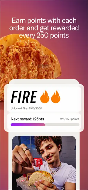Rewards card showing Fire status unlocked at 2,100 of 2,000 points and 125 of 250 points toward the next reward