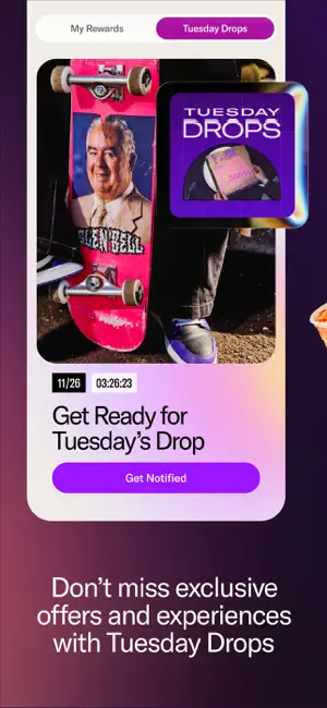 Tuesday Drops tab with a Glen Bell skateboard deck, a countdown timer and a Get Notified button beside My Rewards