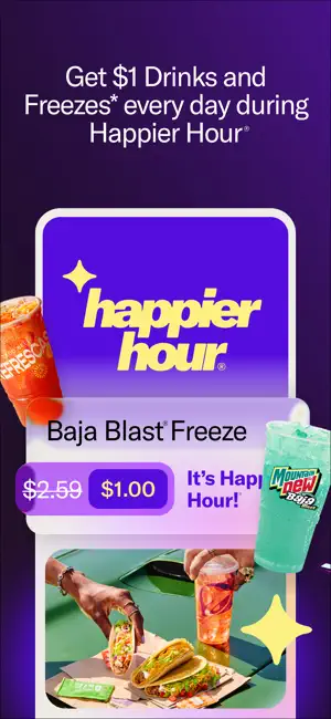 Happier Hour offer cutting a Mtn Dew Baja Blast Freeze from $2.59 to $1.00, promoting $1 drinks and freezes daily