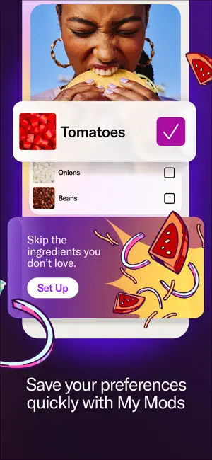 My Mods setup with Tomatoes checked and Onions and Beans unchecked under a prompt to skip unwanted ingredients