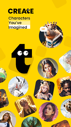 Talkie welcome screen reading Create Characters You've Imagined, with rounded character avatars on a yellow background
