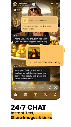 Chat with a Leonardo da Vinci character showing a shared link card, a Mona Lisa image message and a 24/7 chat caption