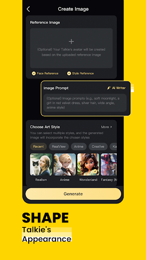 Create Image screen with Face Reference and Style Reference toggles, an image prompt box and art styles Realism, Anime, Wonderland and Fantasy