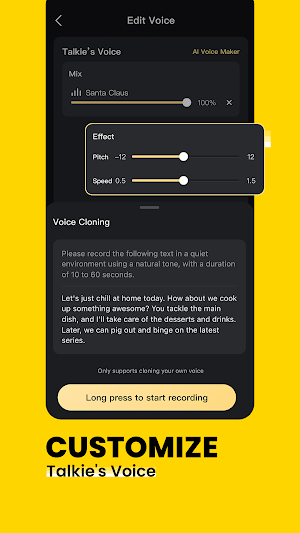 Edit Voice screen with pitch and speed sliders above a Voice Cloning prompt asking for a 10 to 60 second recording