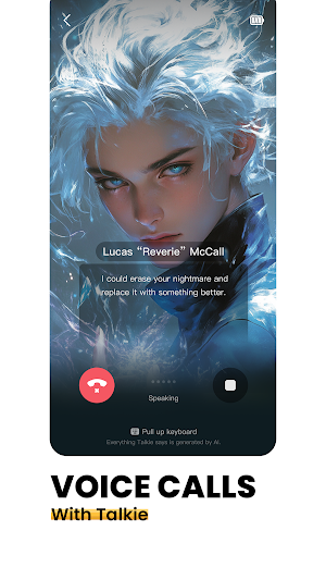 Voice call screen with a white-haired anime-style character, a red end-call button and a note that everything said is generated by AI