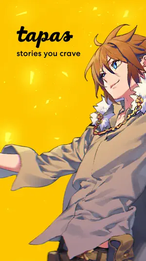 Tapas splash screen with the tapas logo, the line stories you crave and a brown-haired anime hero on a yellow background