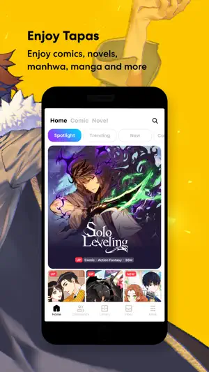 Tapas Home tab with Spotlight, Trending and New chips above a Solo Leveling banner labeled Comic, Action Fantasy