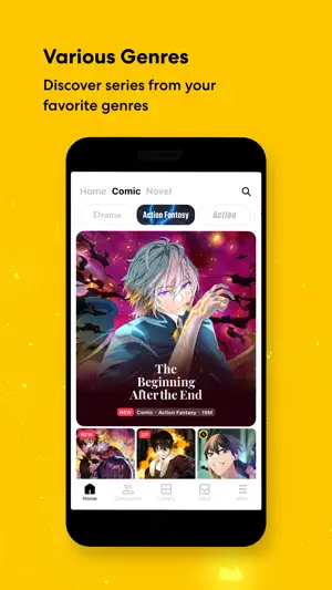 Comic tab set to the Action Fantasy genre chip with a large The Beginning After the End banner marked NEW