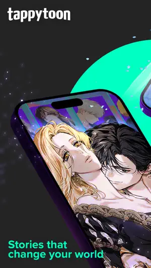 Tappytoon logo above a tilted phone showing romance comic art of a blonde woman and a dark-haired man, with the line Stories that change your world