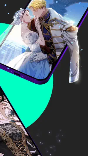 Tilted phone with comic art of a bride in a white veil and a groom in a white and gold uniform on a mint circle
