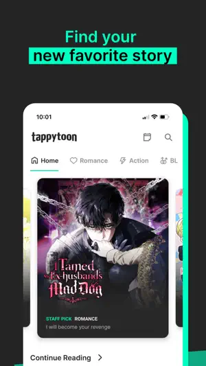 Home tab with Romance, Action and BL genre tabs, a Staff Pick romance banner and a Continue Reading row