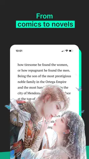 Novel reader page in serif text about the Ortega Empire, with art of a prince and a veiled woman below, headed From comics to novels